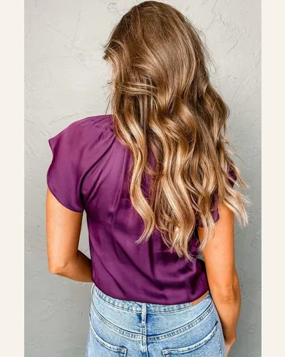 Short Sleeve T Shirt Casual Violet Pleated Flutter, view 2