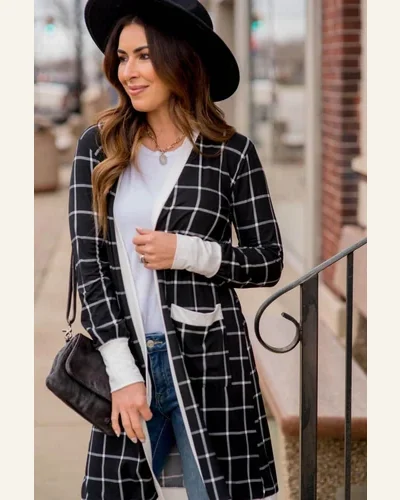 Cardigan Sweater Casual Black Plaid Colorblock Edge Open, view 4