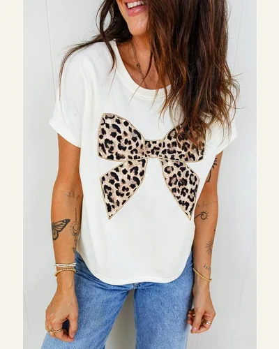 Short Sleeve Tops Summer Leopard Bow Round Neck, view 2