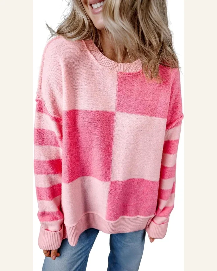 Casual Pink Checkered Colorblock Striped Loose Pullover Sweater by SELINK