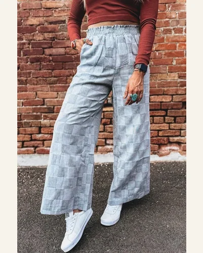 Casual Sky Blue Checkered High Waisted Denim Jeans, view 3