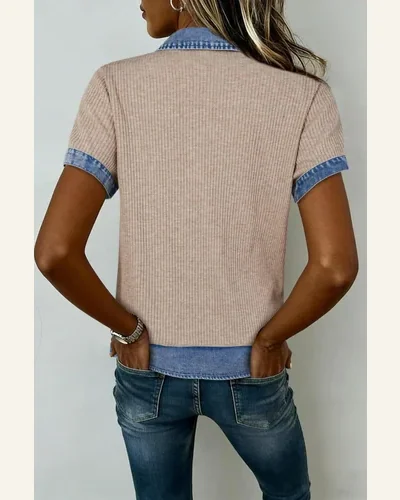 Denim Patchwork Tunic Top Ribbed Knit Button Blouse, view 2