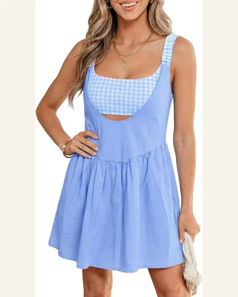 Summer Dresses 2 Piece Gingham Contrast Patchwork Mini by SELINK