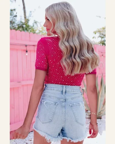 Bodysuit Casual Rose Rhinestone Allover Round Neck Short, view 2