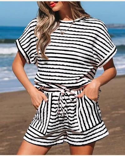 Summer 2 Piece Outfits Striped Short Sleeve Top, view 2