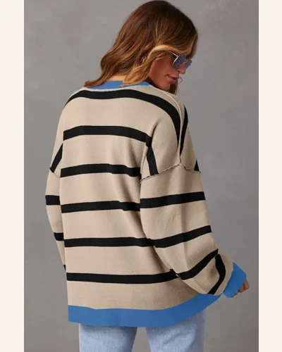Cardigan Sweater Casual White Colorblock Drop Shoulder Buttoned, view 2