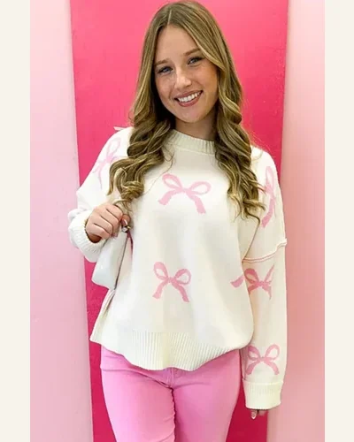 Casual Pink Bow Ribbed Trim Drop Shoulder Loose Sweater, view 3