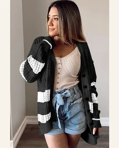 Cardigan Sweater Casual Black Colorblock Textured Knit Buttoned, view 4