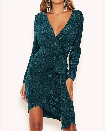 Sparkle Long Sleeve Plunge V Neck Bodycon Dress, view 4