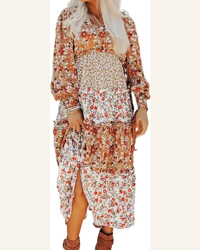 Fall Dresses Elegant Khaki Floral Print Ruffled Tiered, view 1