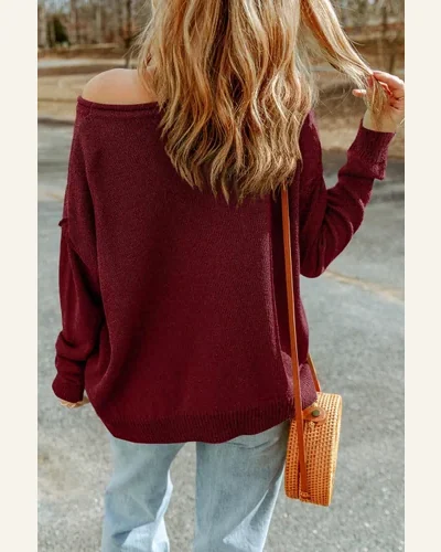 Pullover Sweater Tops Basic Burgundy Solid Color Off, view 2