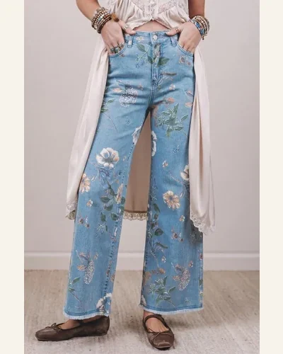 High Waisted Jeans Sky Blue Retro Floral Frayed, view 3