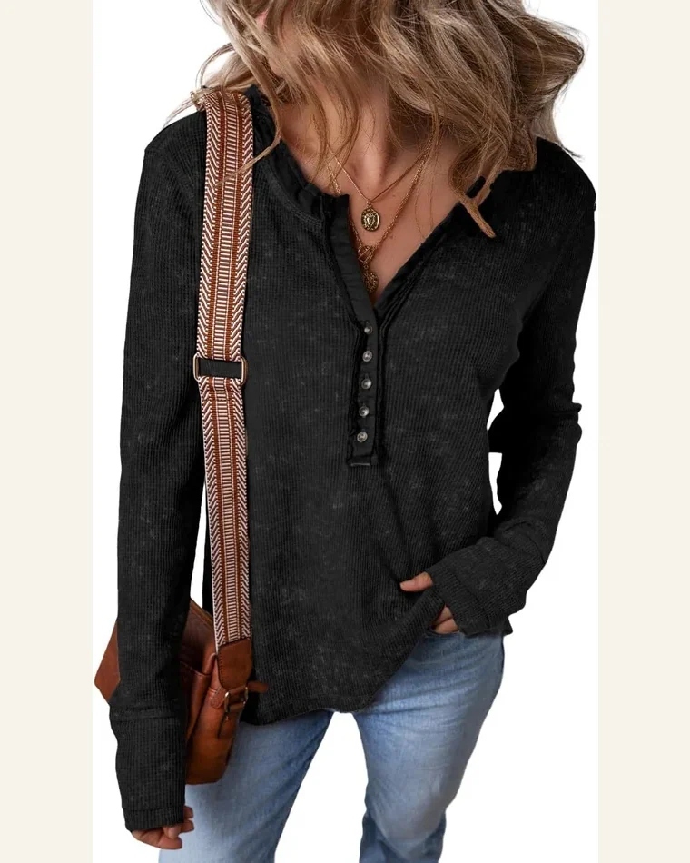Tunic Tops Casual Acid Wash Waffle Knit Buttoned by SELINK