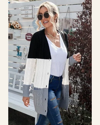 Cardigan Sweater Casual Black Colorblock Button Pocket Knit, view 4