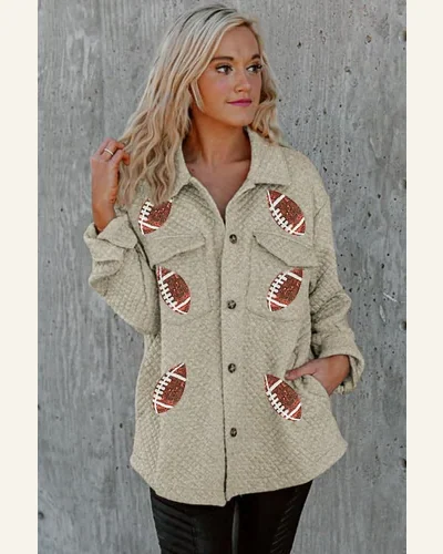Shacket Jacket Casual Beige Sequin Rugby Football Quilted, view 4
