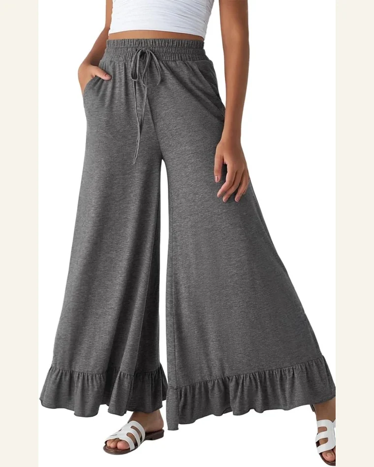Casual Medium Grey Ruffled Wide Leg Pants Drawstring by SELINK