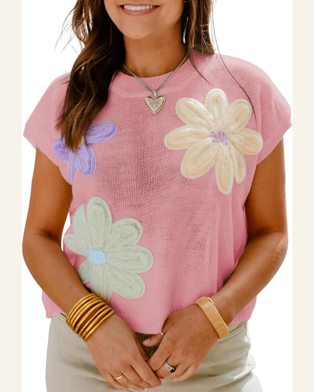 Summer Crew Neck Sleeveless Flower Sweater Casual Crochet by SELINK