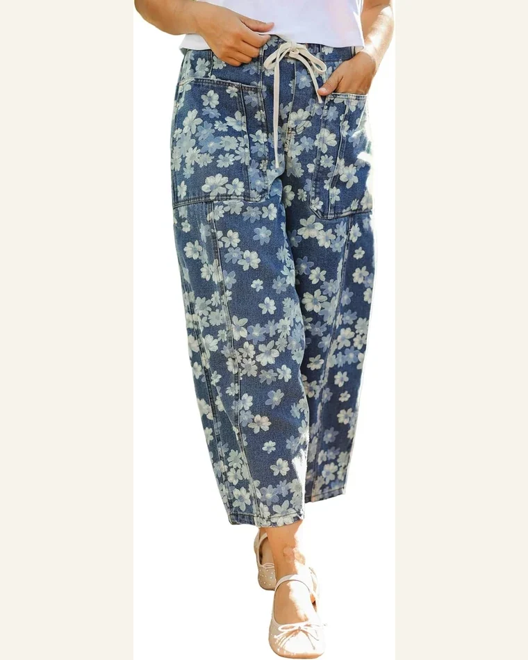 High Waisted Jeans Casual Sky Blue Dainty Floral by SELINK