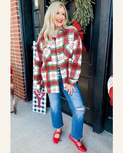 Christmas Flannel Shirt Red Plaid Button Down Shacket, view 4