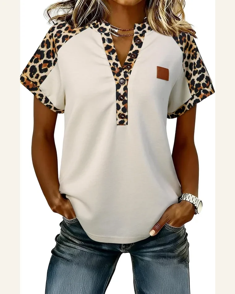 Leopard Patchwork Half Button Short Sleeve T-Shirt by SELINK