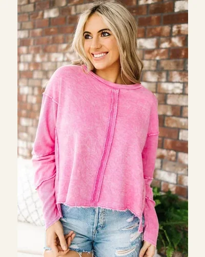 Casual Rose Seamed High Low Raw Edge Sweatshirt, view 3