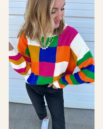 Casual Orange Checkered Color Block Round Neck Pullover, view 3