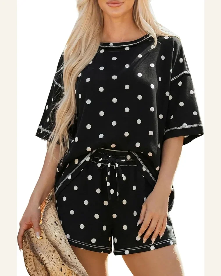 Polka Dot 2 Piece Outfits Casual Short Sleeve by SELINK