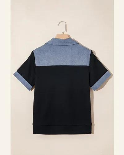 Waffle Knit Denim Patchwork Button Down Polo Top, view 4