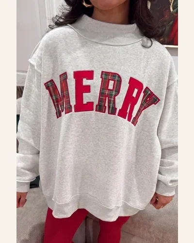MERRY Embroidered Letter Pullover Sweatshirt, view 2