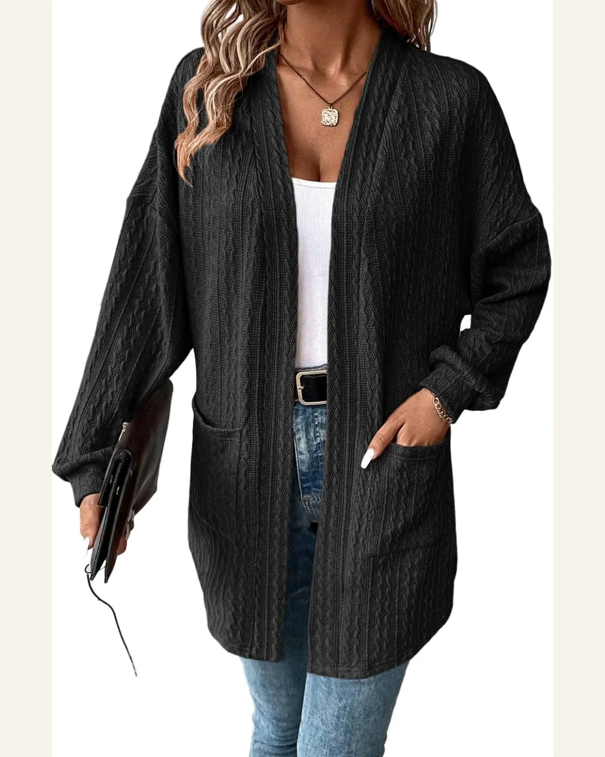 Cardigan Sweater Casual Black Textured Knit Side Pockets by SELINK
