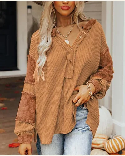Waffle Knit Shirts Casual Long Sleeve Loose Blouses, view 3