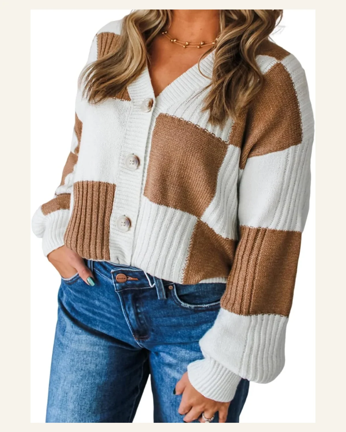 Casual Checkered Pattern Cardigan Sweater Ribbed Detail Button by SELINK