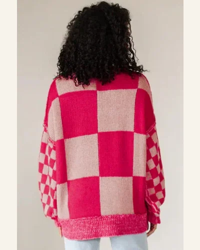 Casual Rose Red Mixed Checkered Pattern Drop Shoulder Sweater, view 3