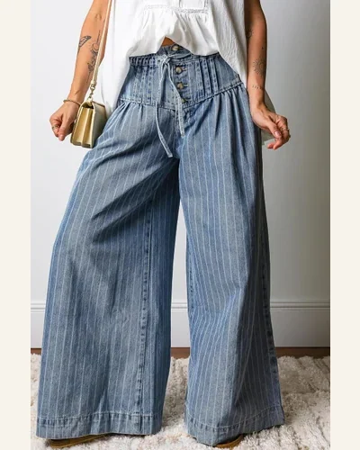 Casual Sky Blue Stripe Button Pleated Jeans Drawstring, view 4