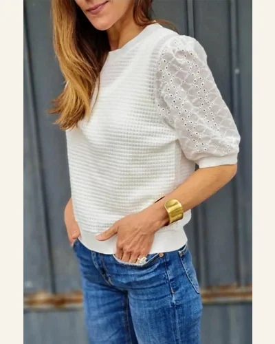 Short Sleeve T Shirt Casual White Broderie Anglaise, view 4