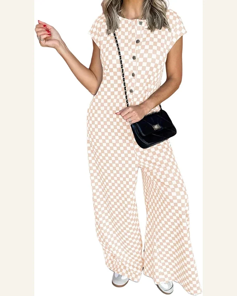Casual Checkered Buttoned Crew Neck Wide Leg Jumpsuit by SELINK