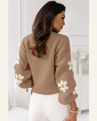 Pullover Sweater Tops Elegant Pale Khaki Pink Floral, view 2