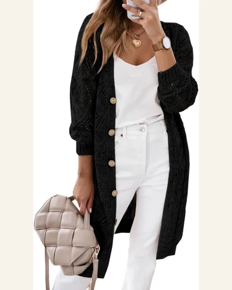 Cardigan Sweater Casual Black Hollow-Out Openwork Knit Cardigan by SELINK