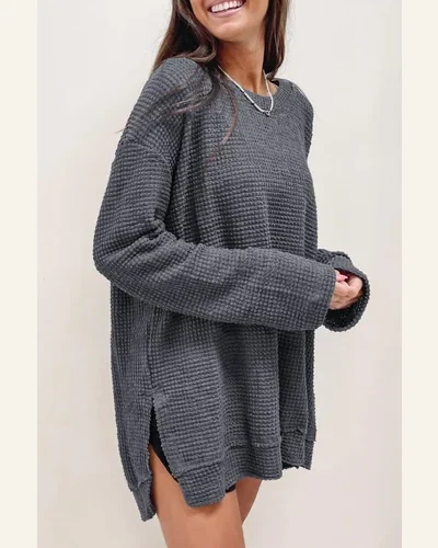 Tunic Tops Casual Gray Waffle Knit High Slits, view 3