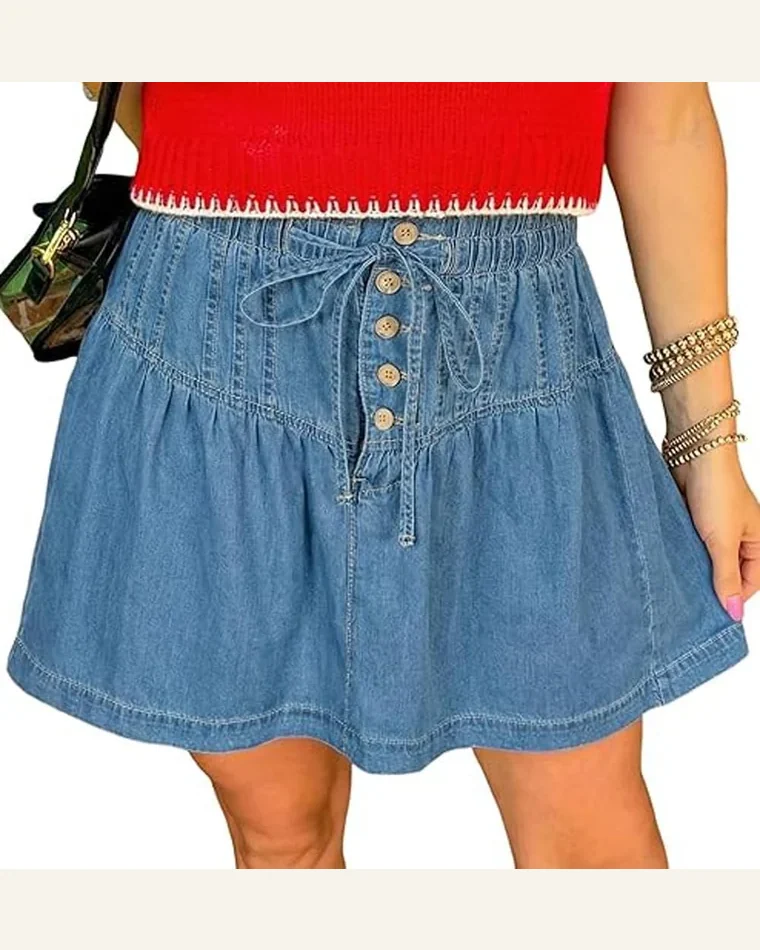 Casual Sky Blue Half Buttons Pleated Denim Mini Jeans by SELINK