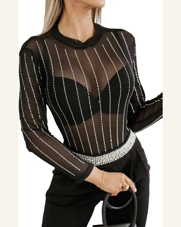Bodysuit Club Black Rhinestone Decor Striped Mesh Long by SELINK