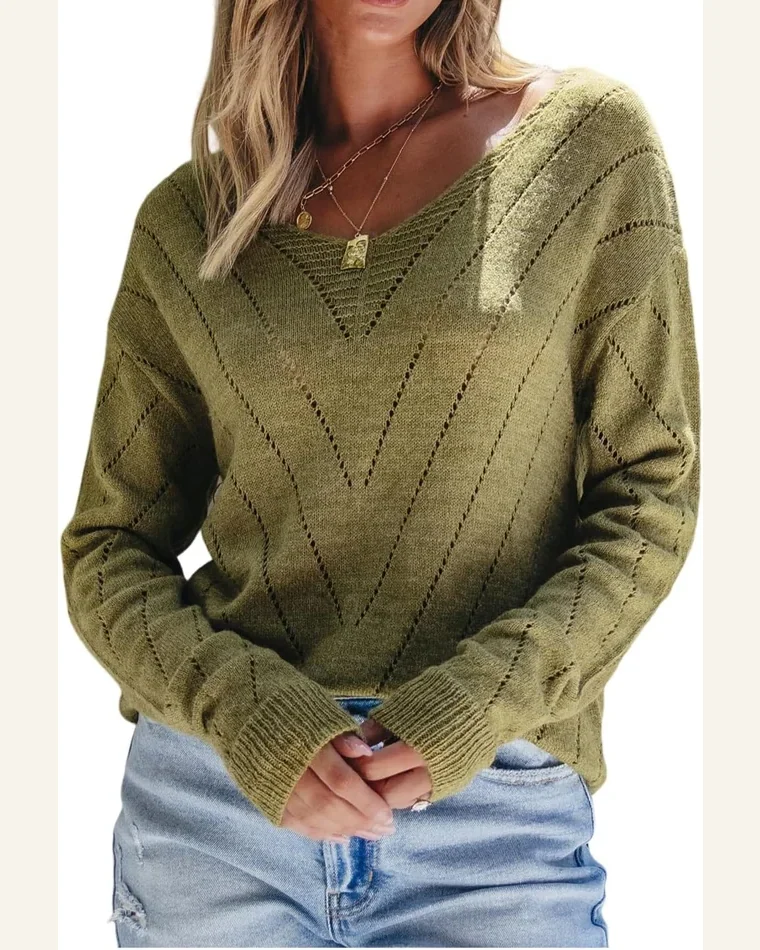 Pullover Sweater Tops Casual Sage Green Solid Eyelet by SELINK
