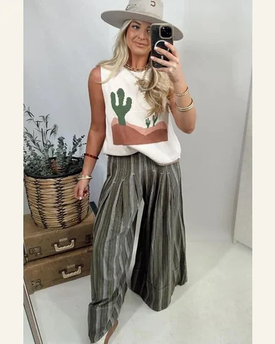 Western Print Tank Tops Basic Multicolour Cactus Oasis, view 3