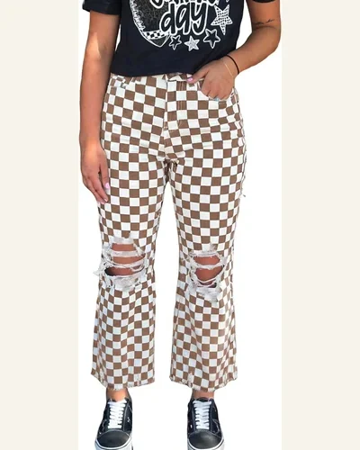 Checkerboard Distressed Cropped Jeans 10, view 4