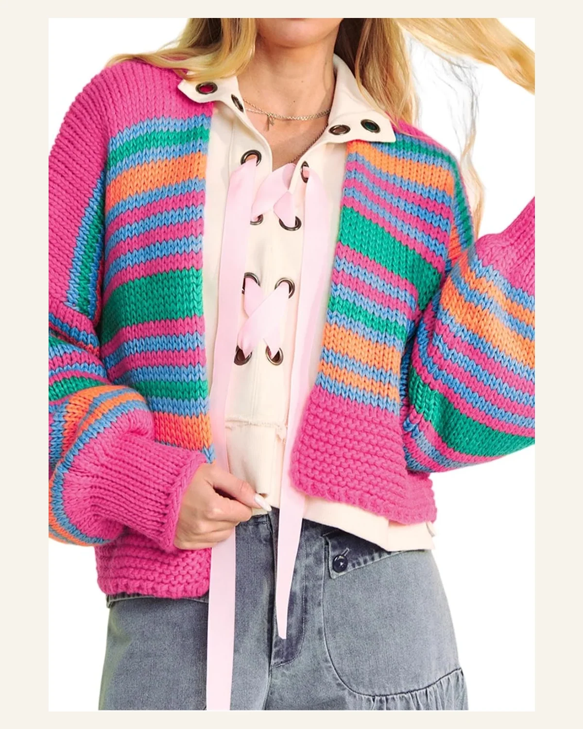 Cardigan Sweater Casual Rose Stripe Colorful Puff Sleeve by SELINK