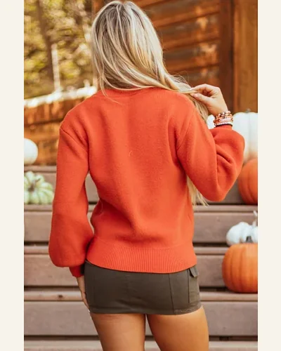 Casual Orange Halloween Pumpkin Face Pattern Pullover Sweater, view 2