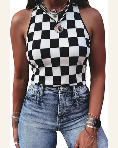 Checkerboard Printed Slim Fit Summer Tank Tops, view 1