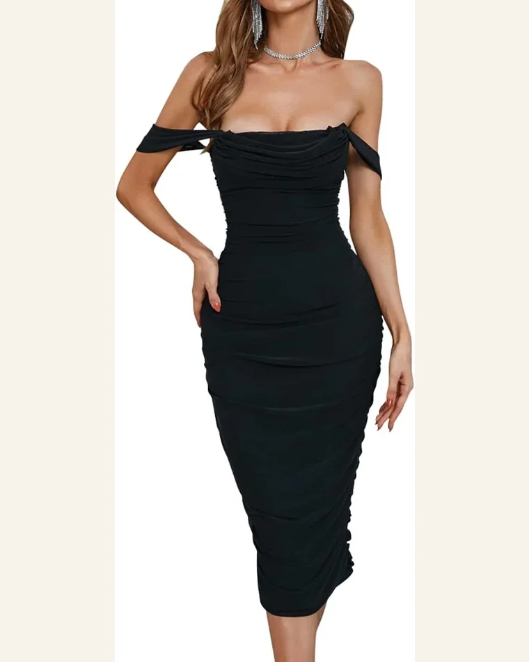 Off Shoulder/Tank Top Bodycon Ruched Midi Elegant Cocktail by SELINK