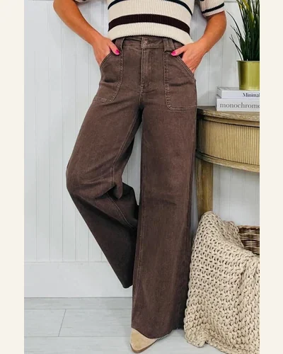 Casual Retro Dark Brown High Waisted Jeans Washed, view 4