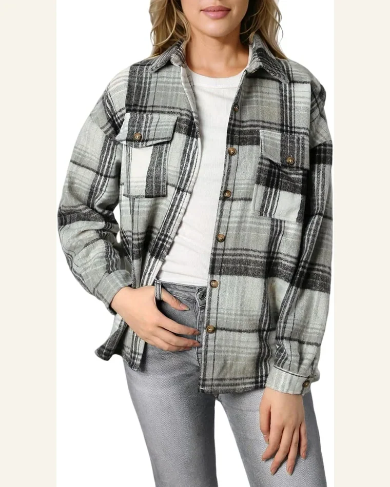 Shacket Jacket Casual Medium Grey Plaid Flap Pockets by SELINK